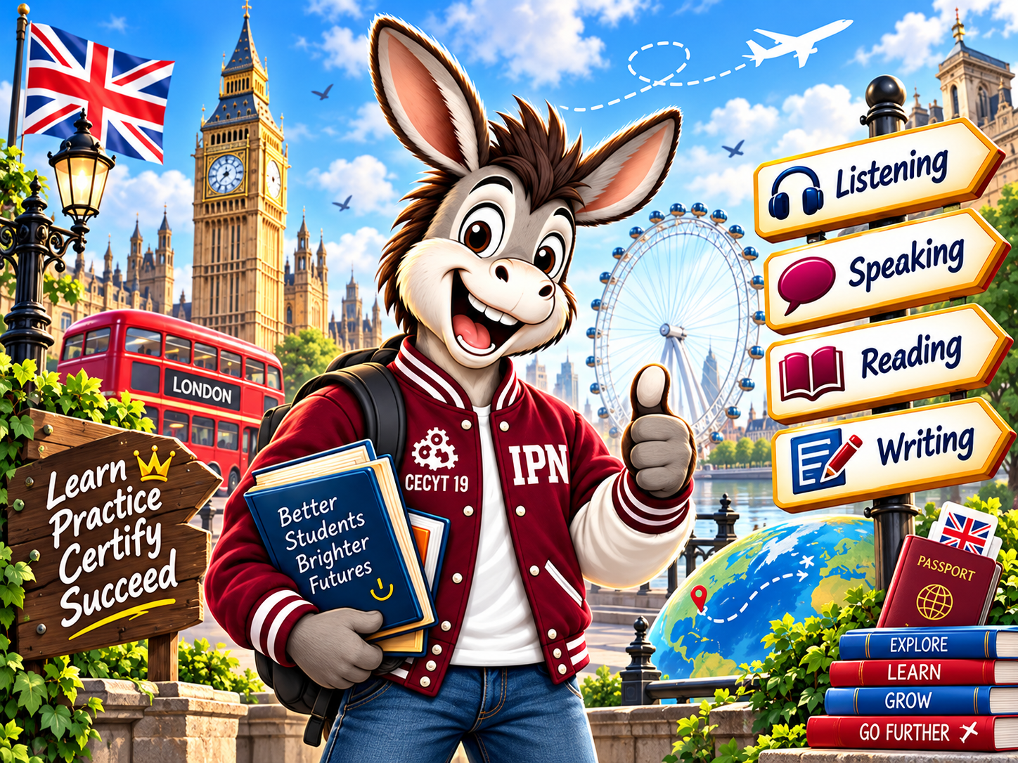 Mascota de CELEX con referencias de aprendizaje de inglés: Listening, Speaking, Reading y Writing